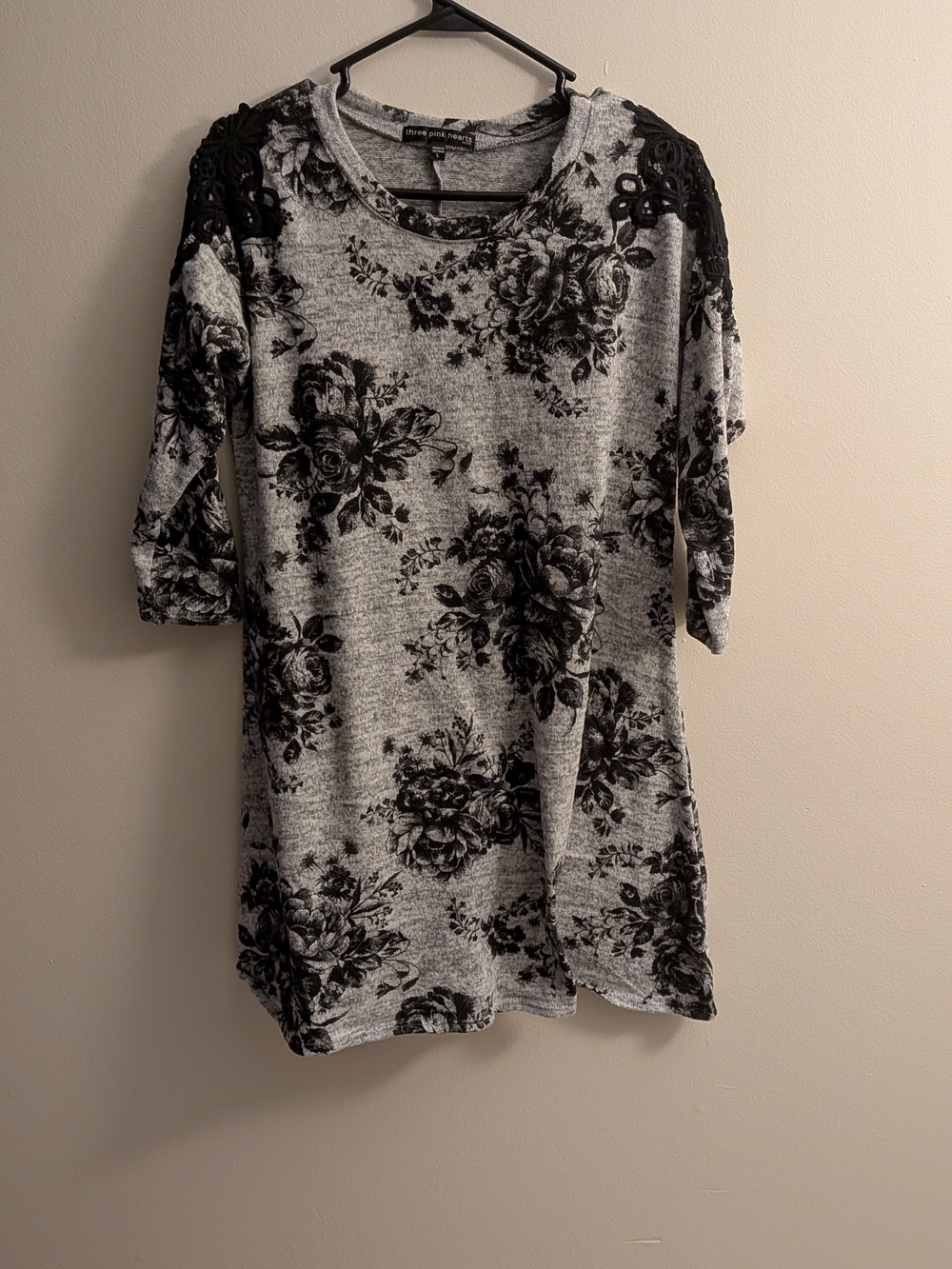 Gray Floral Knit Tunic with Black Lace Shoulders
